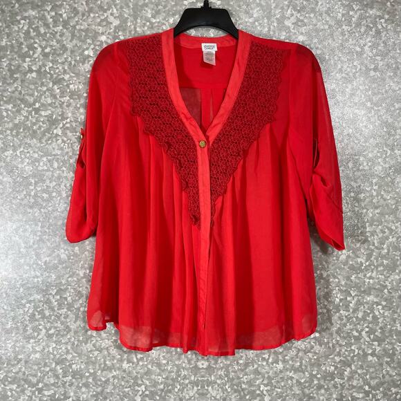 Charming Charlie Women’s Red One Button Flowy Boho Top - Size Small - Lace Trim - Picture 1 of 7